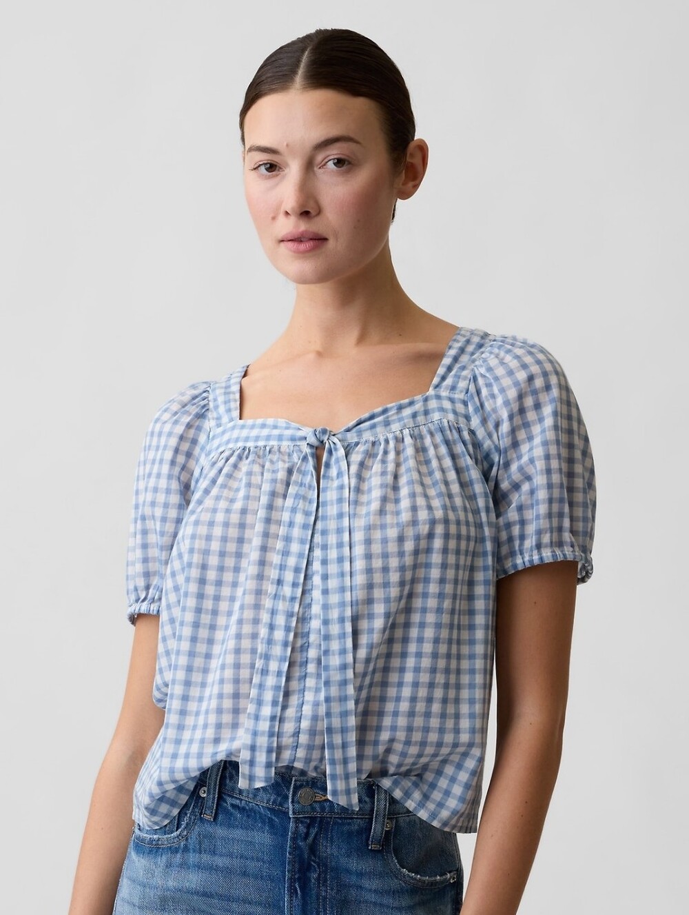 GAP Relaxed Tie Front Top, Blue Gingham, 100% Cotton Doen Dupe